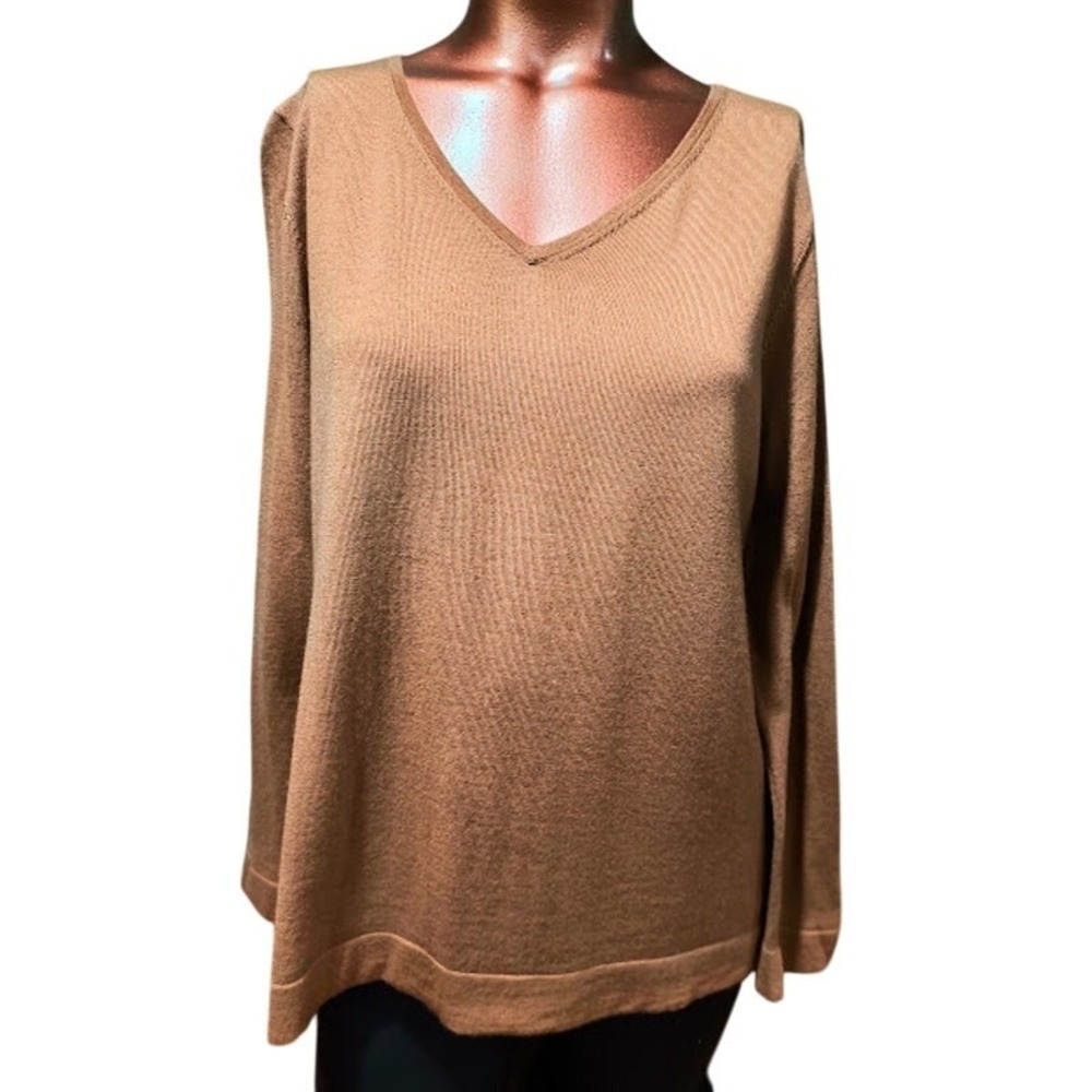 J Jill 100% Merino Wool Long Sleeve V-Neck Sweater, Light Brown, Sz MP